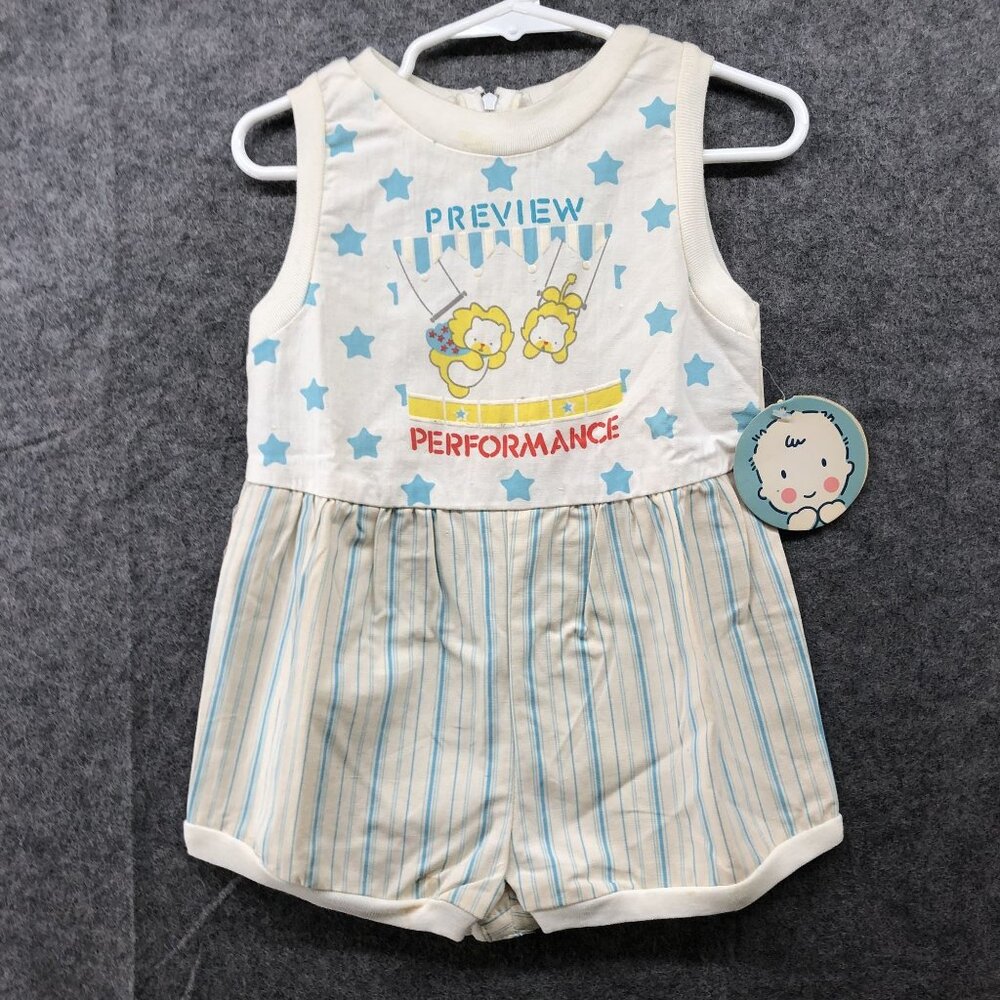 NWT Vintage Baby 24M Sleeveless Romper Circus Lion 90s Cotton Striped Blue White